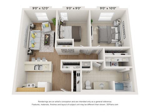 Floor plan for 2 beds, 1 bath, 959 sqft